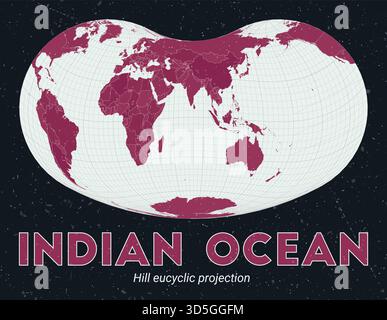 Indischer Ozean. Weltkarte. Hill euzyklische Projektion im Zentrum des Indischen Ozeans. Palette Pale Mint Dark Pink. Vintage-Textur. Stock Vektor