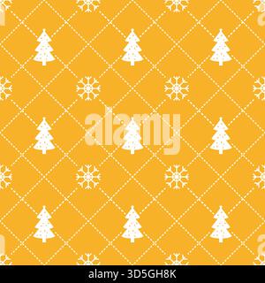 Nahtloses Weihnachtsmuster mit weißen Weihnachtsbäumen und Schneeflocken auf goldenem Hintergrund, ideal für festliche Designs, Umhüllungen und saisonale Dekoration Stock Vektor