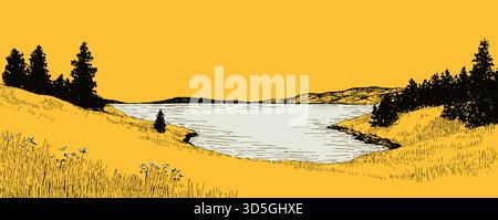 Eine ruhige Landschaft mit gelbem Hintergrund mit einem ruhigen See und ein paar Bäumen. Der See ist von einem üppigen grünen Feld umgeben Stock Vektor