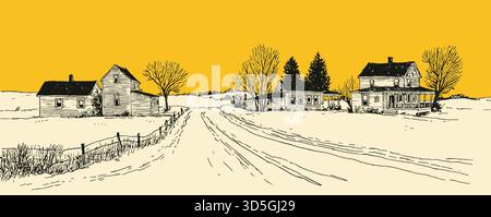 Eine gelb-weiße Zeichnung einer Landstraße mit Häusern auf beiden Seiten. Die Häuser sind klein und scheinen alt zu sein. Die Straße ist leer Stock Vektor