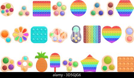 Antistress Spielzeug-Symbole setzen Cartoon-Vektor. Grübchen sensorisch. Ballblasenspielzeug Stock Vektor