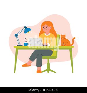 Frau, die im Home Office an einem Laptop mit Katze arbeitet Stock Vektor