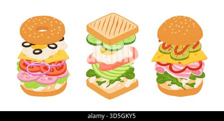 Sandwiches mit verschiedenen Zutaten. Vektor-Karikaturillustration von Sandwich, Bagel, Burger mit Fleisch, Fisch, Avocado, Ei, Käse und Gemüse. Stock Vektor