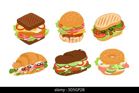Sandwiches mit verschiedenen Zutaten. Vektor-Karikaturillustration von Sandwich, Bagel, Burger mit Fleisch, Fisch, Avocado, Ei, Käse und Gemüse. Stock Vektor