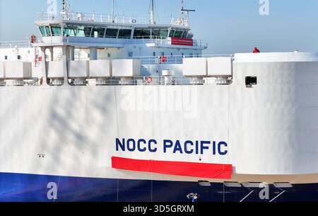 Das LNG-Transportschiff NOCC PACIFIC wurde am 14. November 2025 auf der CIMC Raffles Shandong Longkou Construction Base in Yantai, Provinz Shandong, China, fertiggestellt. Stockfoto