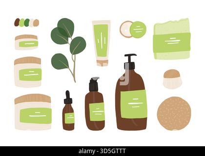 Flatlay-Komposition mit Blättern und natürlichen Bio-Kosmetikprodukten in Flaschen, Röhrchen und Gläsern für die Hautpflege in einem Tablett, festem Shampoo und handgemachter Seife Stock Vektor