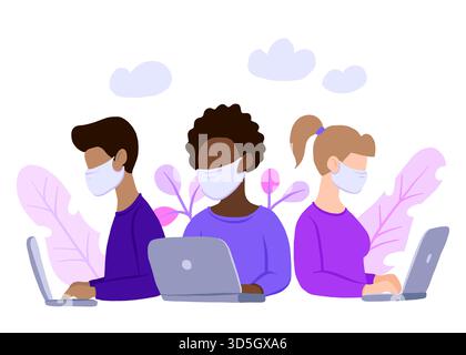 Multinationales Team mit Gesichtsmaske, Online-Assistent bei der Arbeit. Beförderung im Netzwerk. Fernarbeit, Suche nach Ideen und Lösungen, Zusammenarbeit auf Lapto Stock Vektor