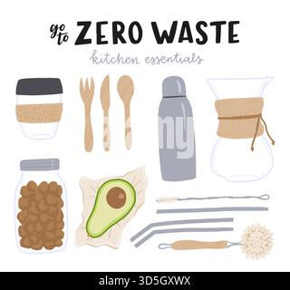 Set aus Koch-Outfit und Besteck im Cartoon-Stil mit handgezeichneter Schrift „Zero Waste Kitchen Essentials“. Wiederverwendbare Küchenutensilien aus na Stock Vektor