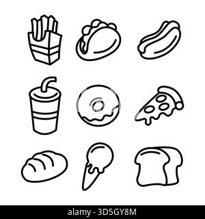 In Schwarz-weiß-Cartoon-Ikonen finden Sie beliebte Snacks und Fast-Food-Artikel Stockfoto