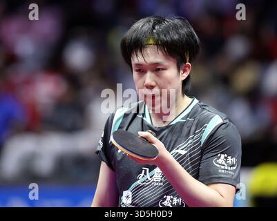 Macau, China. November 2025. Wang Chuqin reagierte während des Mannes-Singles-Bronzemedaillenspiels im Tischtennis zwischen Wang Chuqin aus Peking und Yuan Licen aus Liaoning bei den 15. Nationalspielen in Macao, Südchina, am 16. November 2025. Quelle: Chen Bin/Xinhua/Alamy Live News Stockfoto