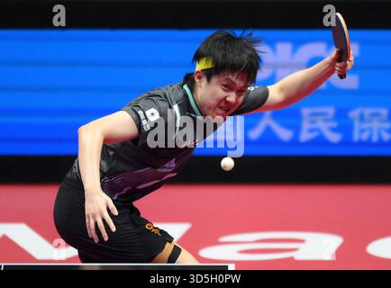 Macau, China. November 2025. Wang Chuqin tritt während des Mannes-Singles-Bronzemedaillenspiels im Tischtennis zwischen Wang Chuqin aus Peking und Yuan Licen aus Liaoning bei den 15. Nationalspielen in Macao, Südchina, am 16. November 2025 an. Quelle: Cheong Kam Ka/Xinhua/Alamy Live News Stockfoto