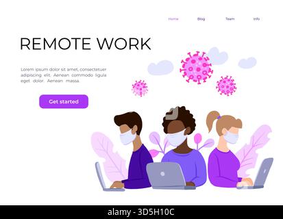 Multinationales Team mit Gesichtsmaske, Online-Assistent bei der Arbeit. Beförderung im Netzwerk. Fernarbeit, Suche nach Ideen, Lösungen, Zusammenarbeit auf Lapt Stock Vektor