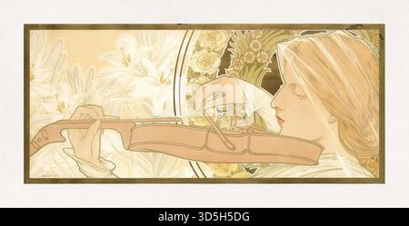Art-Nouveau-Farblithographie von Adolphe Cossard, die eine Frau darstellt, die Geige spielt. Stockfoto