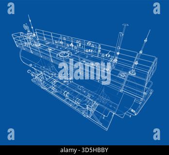 U-Boot-Blueprint auf blauem Hintergrund. Vektor Stock Vektor