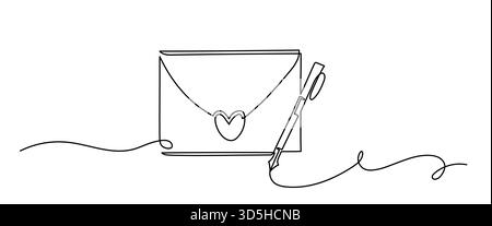 Einzeilige Zeichnung des Liebesbriefumschlags mit Stift. Romantische Minimal Art Stock Vektor