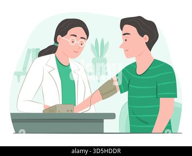 Ärztin misst den Blutdruck eines männlichen Patienten in Klinik für Gesundheit und Gesundheitscheck Konzeptabbildung Stock Vektor