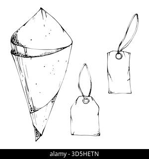 Geschenkanhänger an Bändern, Bastelpapierkegel für rustikale Blumenverpackung, Lebensmittelverpackung, Lieferung. Einzelobjekt isolierte Illustration, handgezeichnet in Vektortinte Stock Vektor