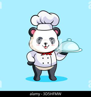 Netter Chef Panda trägt Kostüm Meister Chef präsentiert eine köstliche Mahlzeit Vektor Illustration Cartoon Stock Vektor