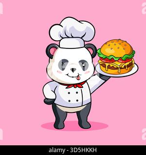Niedlicher Panda, der ein Kochkostüm trägt Stolz einen Teller mit leckerem Burger Vektor Illustration servieren Stock Vektor