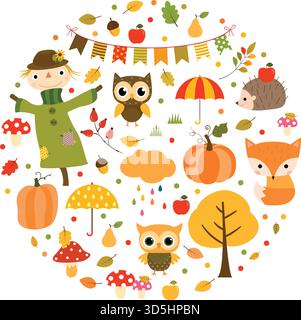 Niedliche Herbst- und Thanksgiving-Zeichnungen in Orange, Grün und Rot in kreisförmiger Form für Grußkarten, Broschüren und Flyer. Stock Vektor