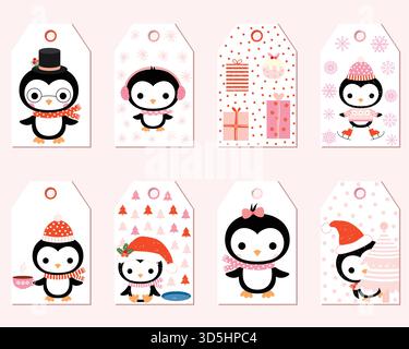 Niedliche Vektor-Geschenkanhänger mit Zeichentrickpinguinfiguren für Weihnachtsgeschenke und Winterdekoration Stock Vektor
