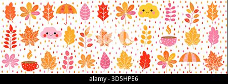 Herbst horizontales Banner mit niedlichen Vektorelementen - Wolke, Vogel, Kaffeetasse Herbstlaub Regenschirm, rot, gelb, orange und rosa warme Farben horizontal Stock Vektor