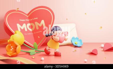 3D illustrierte niedliche Miniatur-Mädchen mit Herz, die vor der halben Falte stehen Liebesform Karte mit Tulpenblume und Konfetti Dekor. Geeignet für Motte Stock Vektor