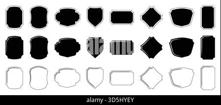 Set aus leeren schwarzen Abzeichen und Abschirmkonturen, Vektor-Vintage-Etikettenvorlagen für Design-Logos Stock Vektor