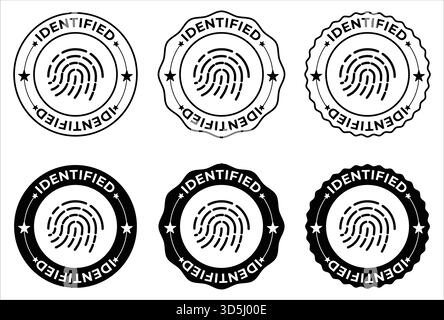 Identifizierter Stempelsatz mit Fingerabdrucksymbol, Vektorsicherheitsausweisen in Schwarz und weiß zur Identitätsprüfung Stock Vektor
