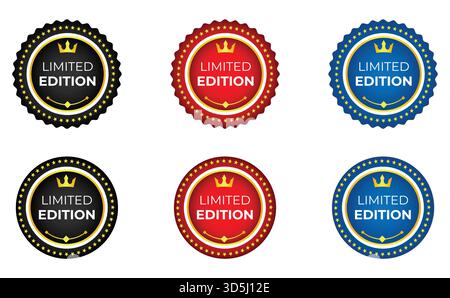 Set aus kreisförmigen Marken in limitierter Auflage mit Krone, Vektorschwarz rot und blau luxuriösen Emblemen für exklusives Marketing Stock Vektor
