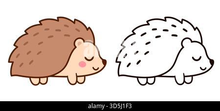Niedlicher Cartoon-Igel. Schwarzweiß-Kontur- und Farbzeichnung. Einfache Vektorgrafik-Illustration. Stock Vektor