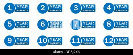 Satz blauer Garantiezeichen für 1 bis 12 Jahre, Vektorflaches Design-Garantietiketten für die Produktqualitätssicherung Stock Vektor