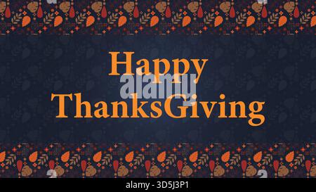 Glücklicher Thanksgiving-Text auf einem dunkelblauen Hintergrund mit Herbstlaub-Grenze, Vektor-Feiertagsgruß-Kartenbanner Stock Vektor