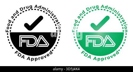 Satz von FDA-zugelassenen runden Stempeln mit einem Häkchen in schwarz und grün, Vektornahrung und Medikamentenverabreichung Stock Vektor