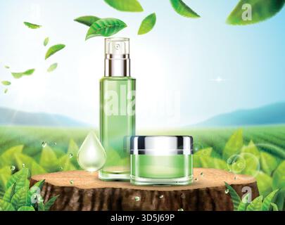 Werbung für Hautpflegeprodukte für grünen Tee mit Produkten auf dem Baumstamm und Blättern, die in den Himmel fliegen, in der 3D-Abbildung, Hintergrund des Bokeh-Teegartens Stock Vektor