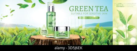 Bannerwerbung zur Hautpflege bei grünem Tee mit Hintergrund für Teegarten in 3D-Abbildung Stock Vektor