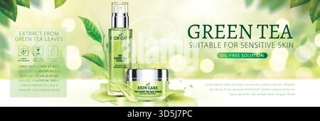 Bannerwerbung zur Hautpflege bei grünem Tee mit Hintergrund für Teegarten in 3D-Abbildung Stock Vektor