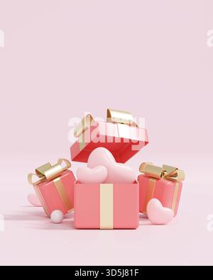 Elegantes 3D-Rendering von schwebenden rosafarbenen Geschenkboxen und Herzen auf einem süßen, sauberen Hintergrund. Perfekt für sanfte Grafiken und Werbeanzeigen im Urlaub. Stockfoto