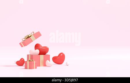 Elegantes 3D-Rendering von schwebenden rosafarbenen Geschenkboxen und Herzen auf einem süßen, sauberen Hintergrund. Perfekt für sanfte Grafiken und Werbeanzeigen im Urlaub. Stockfoto