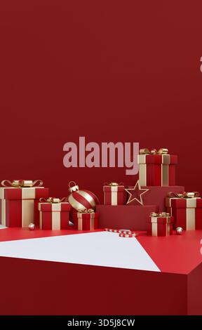 Elegantes 3D-Rendering einer roten Produktpräsentation, umgeben von weißen und roten Geschenken. Festlicher Weihnachts-Studio-Hintergrund für Werbung. Stockfoto