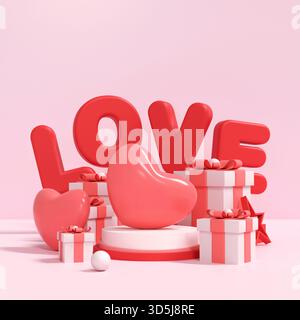 Elegantes 3D-Rendering von schwebenden rosafarbenen Geschenkboxen und Herzen auf einem süßen, sauberen Hintergrund. Perfekt für sanfte Grafiken und Werbeanzeigen im Urlaub. Stockfoto