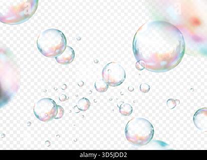 Attraktives Seifenblasenset, Seifenblasen isoliert auf transparentem Hintergrund für Designzwecke, 3D-Darstellung Stock Vektor