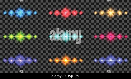 Set aus bunten horizontalen Lichtflecken und leuchtenden Sternen, Vektor-Neon-Objektiv-Effekt funkelt auf einem transparenten Hintergrund Stock Vektor