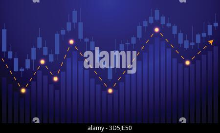 Dunkelblaues Handelsdiagramm mit leuchtender oranger Trendlinie und Kerzenleuchtern, Vektor-Börsenanalysediagramm Stock Vektor