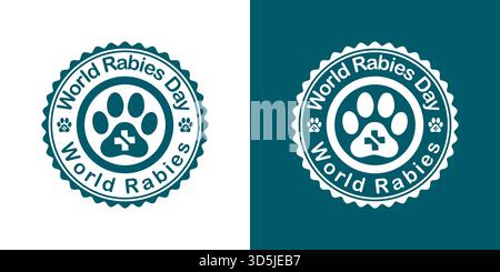 World Tollwut Day Stempel mit Pfotendruck und medizinischem Kreuz, Vektor-blaugrün Veterinärbewußtsein-Abzeichen für die Impfung Stock Vektor