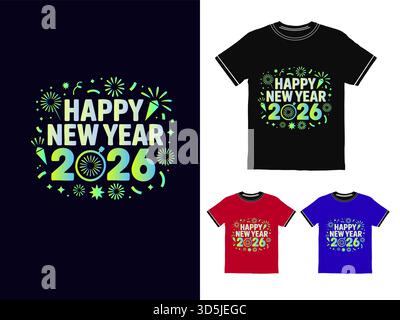 Festliches Happy New Year 2026 farbenfrohes Design für Bekleidung und Merchandise Stock Vektor