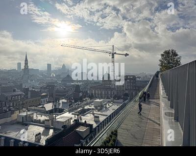 Belgien, Brüssel, 31. Dezember 2024; aus der Perspektive der Menschen, die einen Spaziergang auf einer modernen Fußgängerbrücke genießen, bietet sich ein Panoramablick auf die Stockfoto