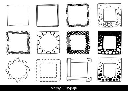 Sammlung von zwölf einzigartigen handgezeichneten Doodle-Rahmen in verschiedenen Linienstilen, perfekt für kreatives Design, Scrapbooking und Dekoration, isoliert auf weißem Hintergrund Vektor-Illustration Stock Vektor