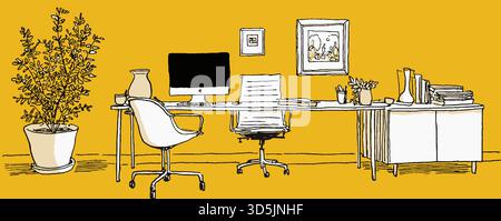 Ein gelber Hintergrund mit einem Computertisch und zwei Stühlen. Eine Topfpflanze befindet sich auf der linken Seite des Schreibtisches Stock Vektor
