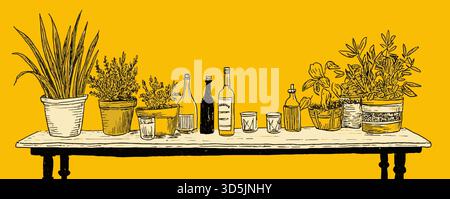 Ein Tisch mit einem Haufen Pflanzen und Flaschen drauf. Die Pflanzen sind in verschiedenen Größen und Formen, und die Flaschen haben unterschiedliche Größen Stock Vektor